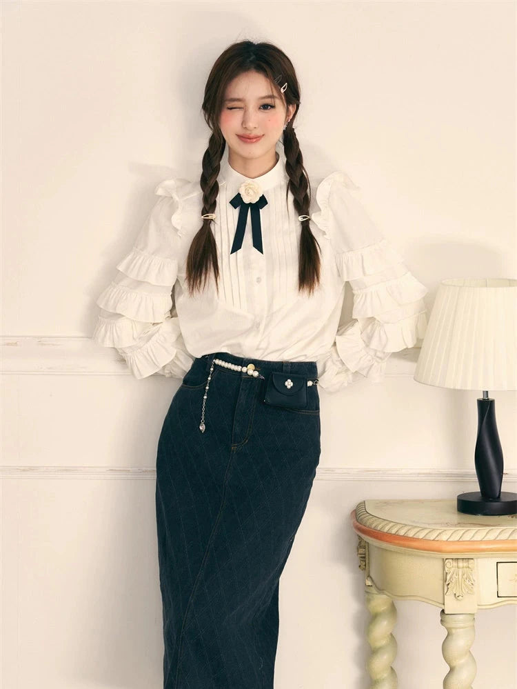 White Ruffle Long Sleeve Bow Knit