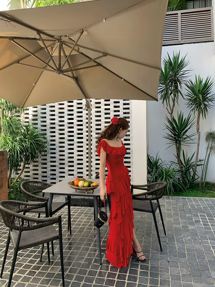 リトルコーラルテンセルウールレッドワンショルダードレス夏ニッチデザインフリルロングスカート