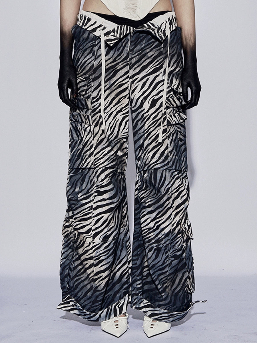 フェイチュイアメリカンヴィンテージベイビーディストレストダーティローライズマルチポケットドローストリングゼブラプリントカーゴパンツワイドレッグパンツ