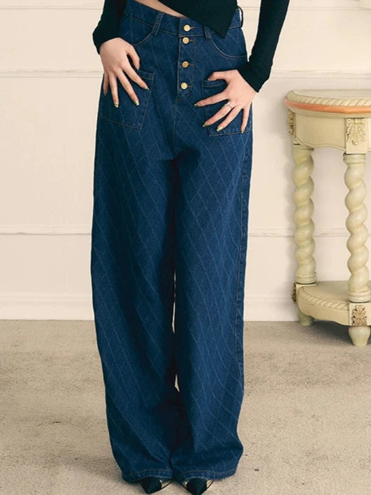 Retro quilted wide-leg straight mop denim