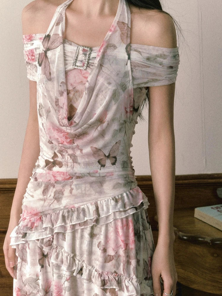 Rose Butterfly Print Asymmetrical One Shoulder Halter Neck Dress
