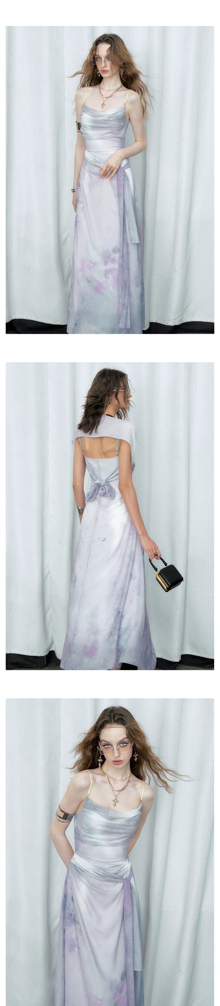 [スポット] OfAkiva "Tsukitani"インクプリントシフォンドレスレディース夏ノースリーブサンドレス