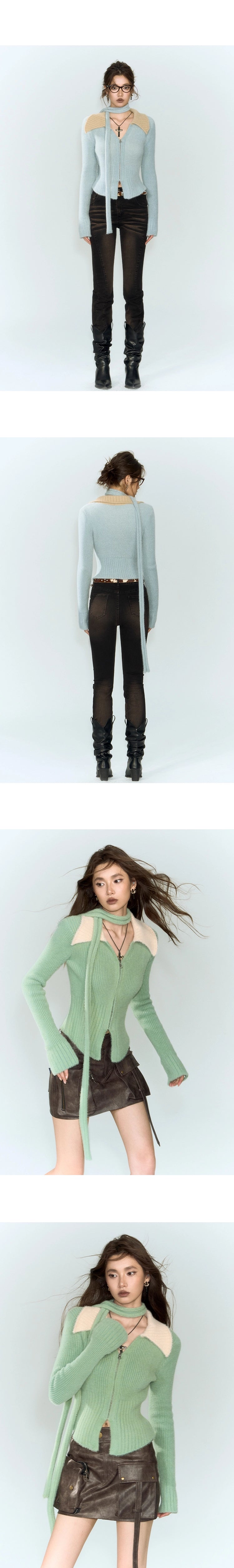 [スポット] OfAkiva「リードウルフ」コントラストピットストリップニットレディースウィンター長袖Vネック