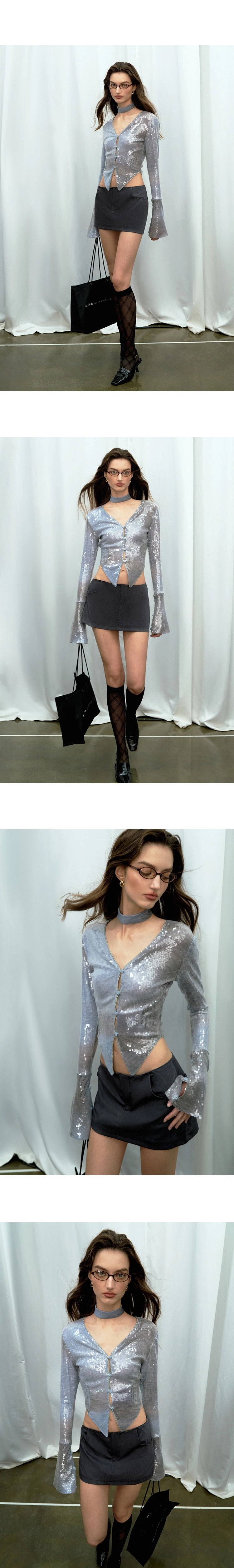 [スポット] OfAkiva「アイスランドダイヤモンド」低満腹ブルースパンコールシャツレディース秋Vネックフレアスリーブシャツ