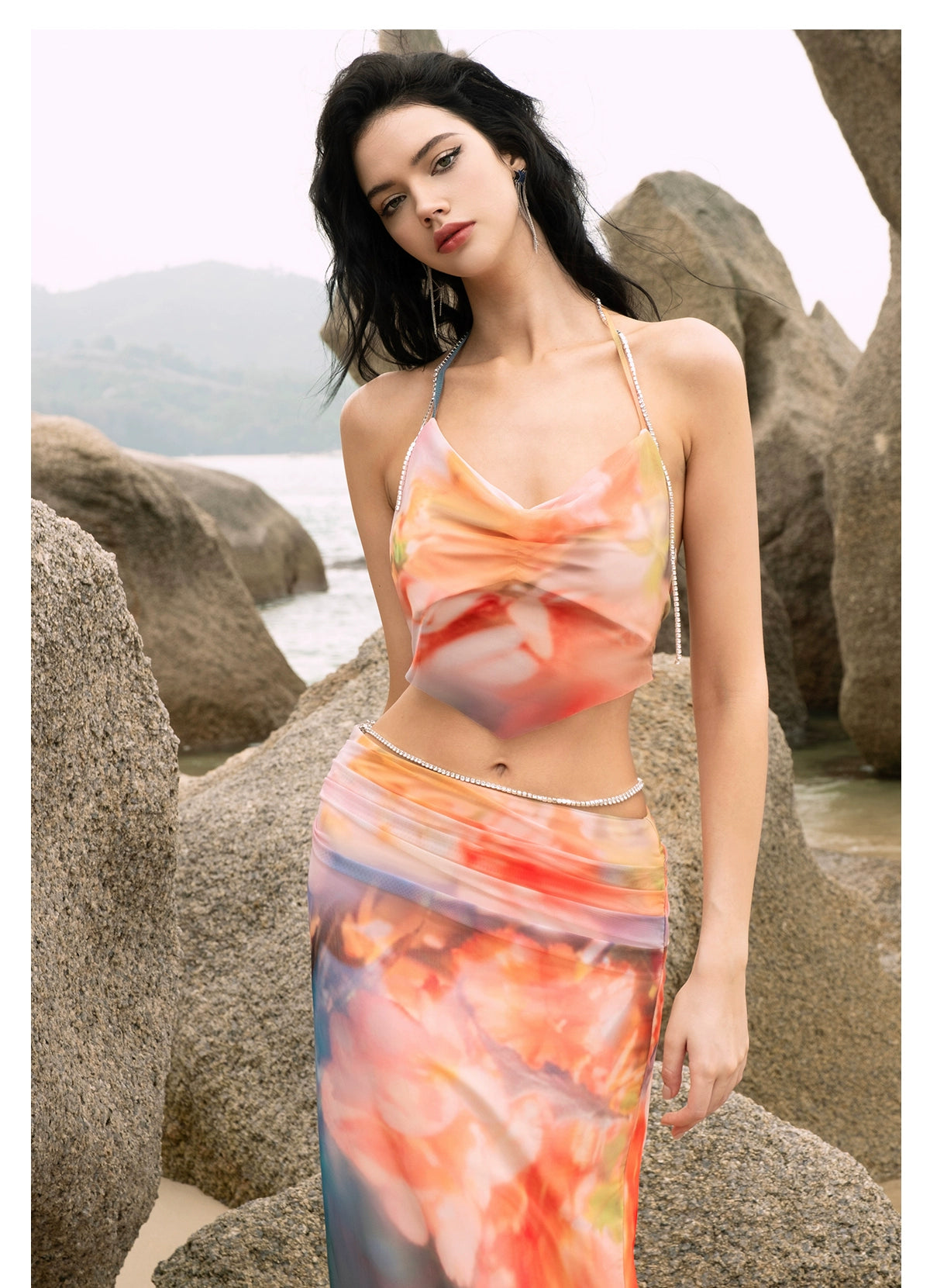 [同じ段落の江英栄] シアーラックPBザクロフラワーレースアップサマーキャミソールスカートセット