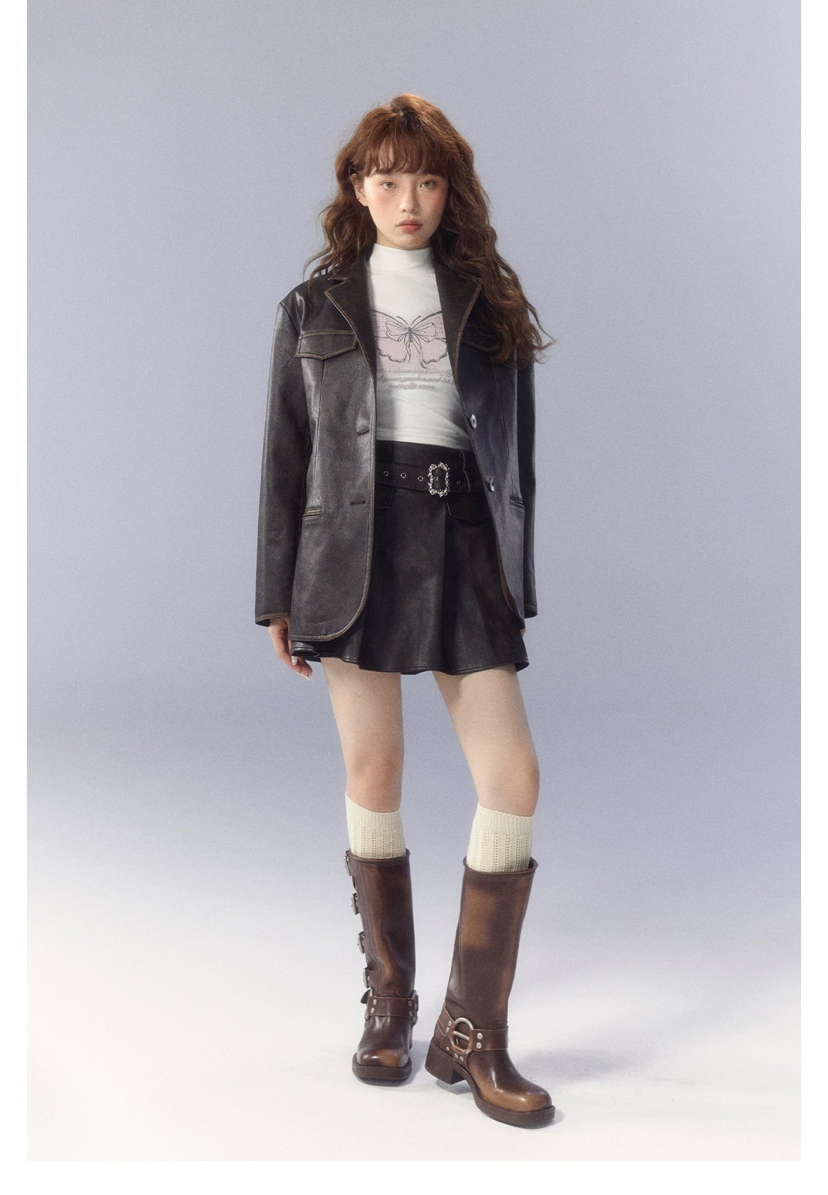 SunsetPark miuは、ヴィンテージブラウンの刺繍入りレザージャケットシルエットレザーブレザーブレザーです