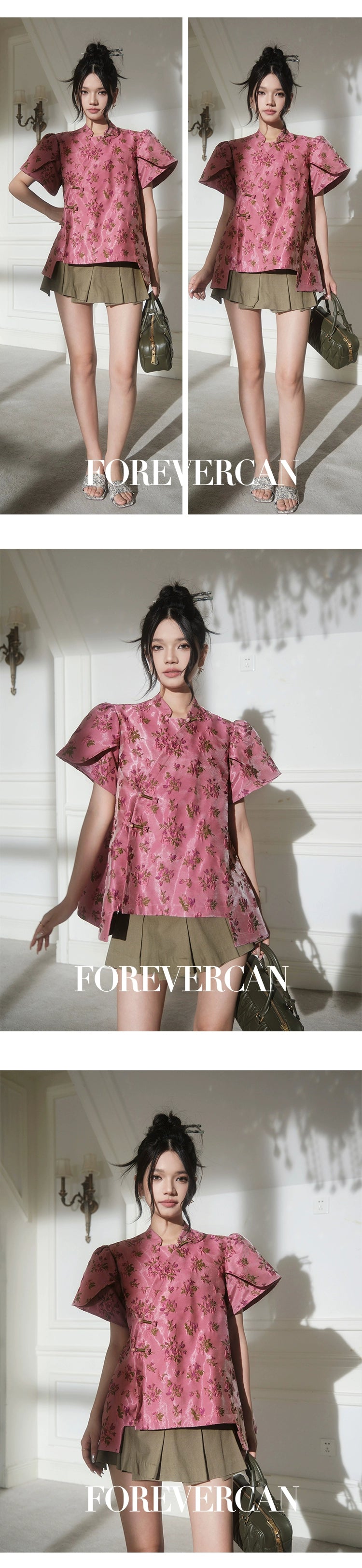 フォーエバーカンレディースサマー2024新しい中国スタイル新しい中国スタイルの高級気質パフスリーブ前立てトップス