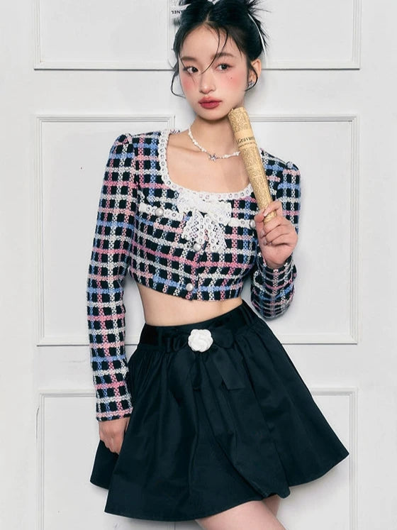 Small Fragrance Square Neck Bow Short Skirt