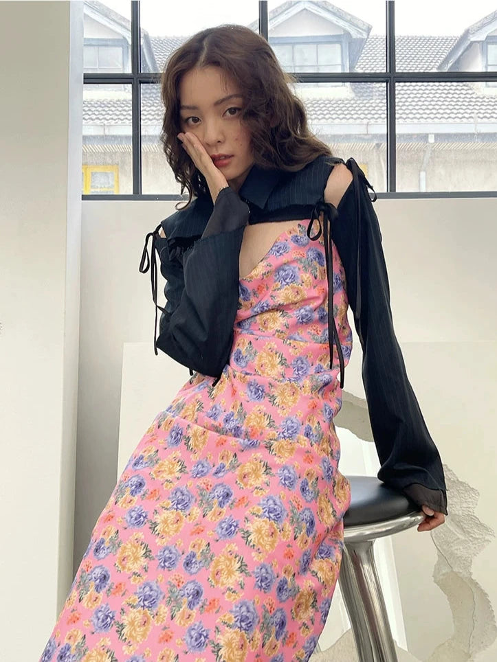 Retro Flower Straight Neckline Slip Backless Dress