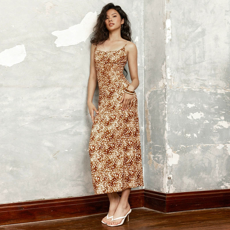 TR彼女のホットバンビプリントサスペンダーアニマルプリントメタリックカットアウトマキシスカートスリムフィットベイビードレス