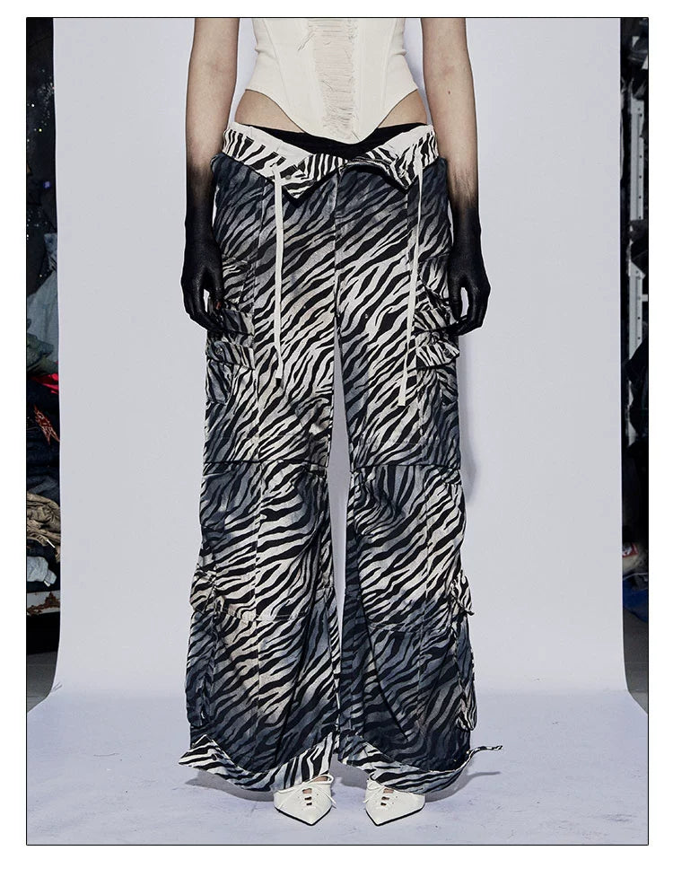 フェイチュイアメリカンヴィンテージベイビーディストレストダーティローライズマルチポケットドローストリングゼブラプリントカーゴパンツワイドレッグパンツ