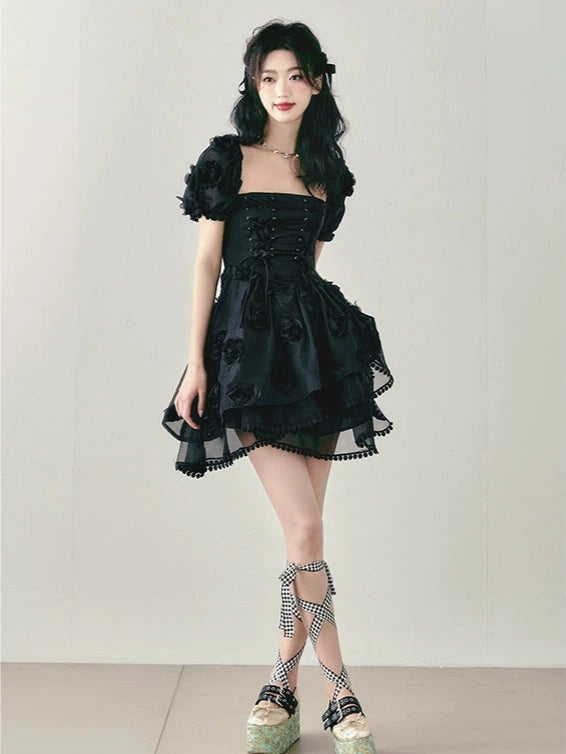 Three-Dimensional Rose Tie Puff Sleeve Dress