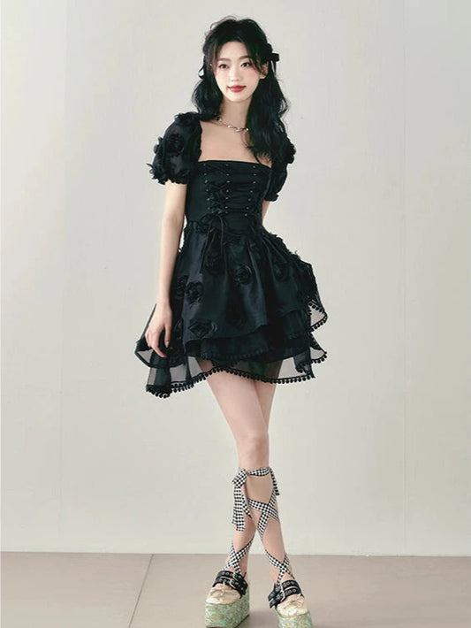 Three-Dimensional Rose Tie Puff Sleeve Dress
