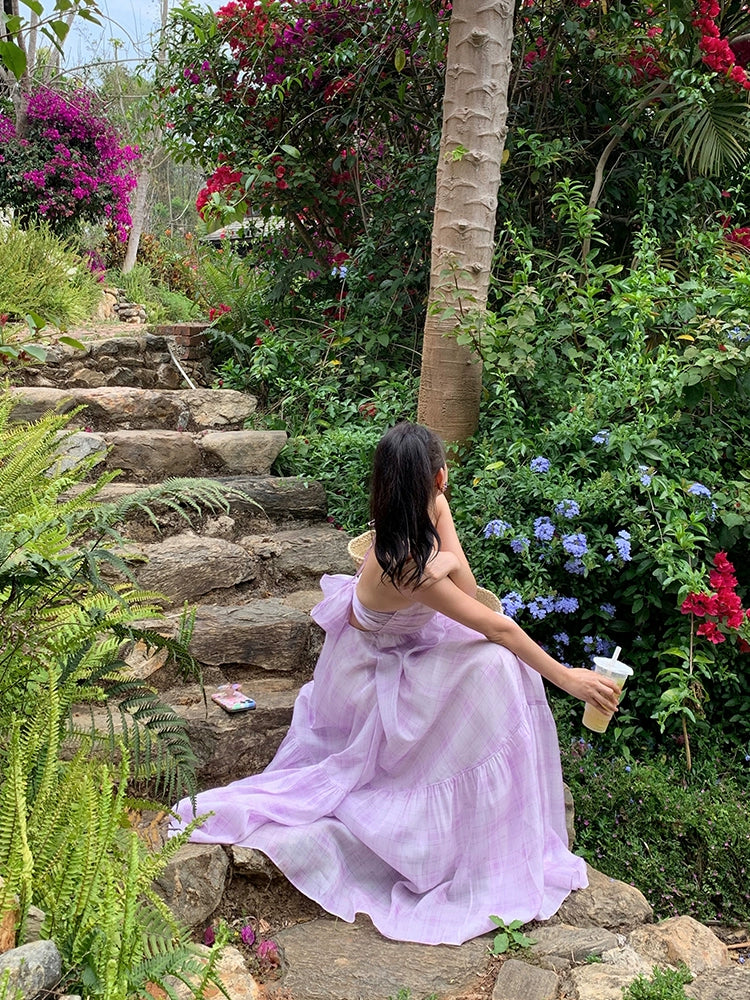 シャオリヒヤシンス、パープルミント、マンボ、Vネックホルタースリップドレス、チャドパミンリゾートドレス