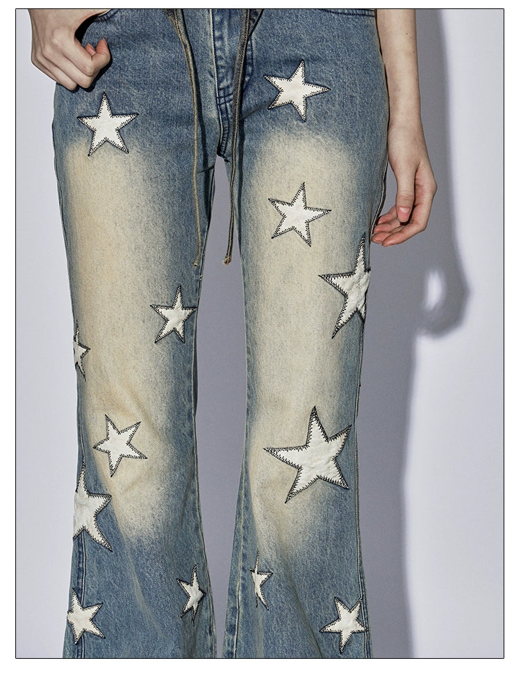 フェイ・チュイ・アメリカン・ベイブス・スターパネル・ウォッシュド・ディストレスド・ルーズエッジ・デザイン・マイクロ・フレア・ローライズ・ジーンズ