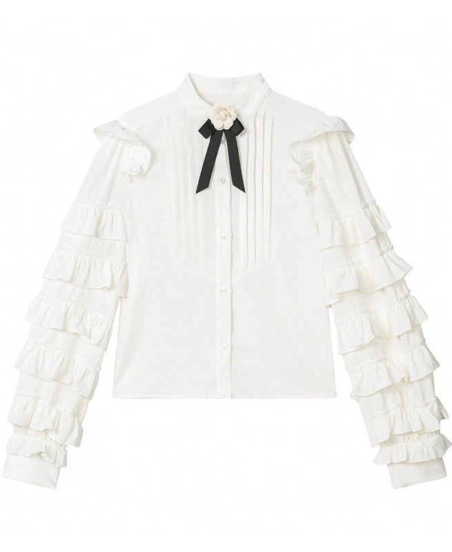White Ruffle Long Sleeve Bow Knit