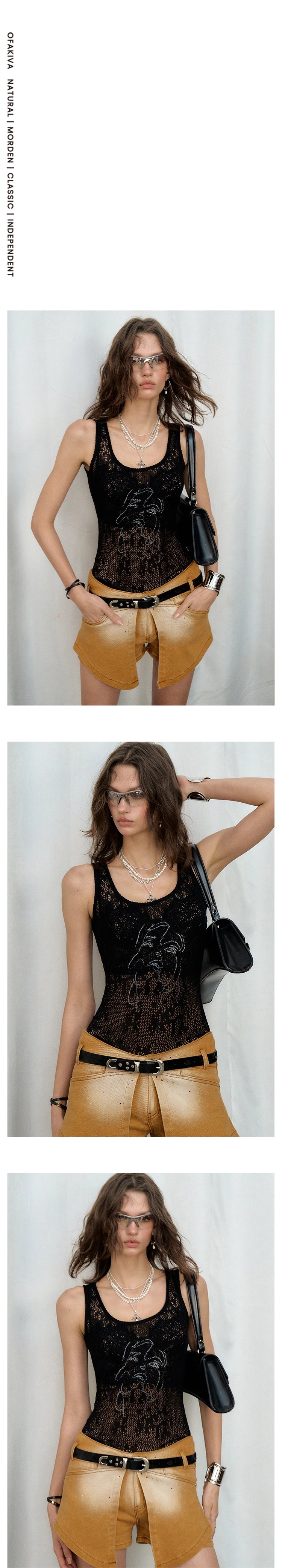 [スポット] Akivaの「だらしない」シアーファイングリッターレースニットプリントマリンベスト