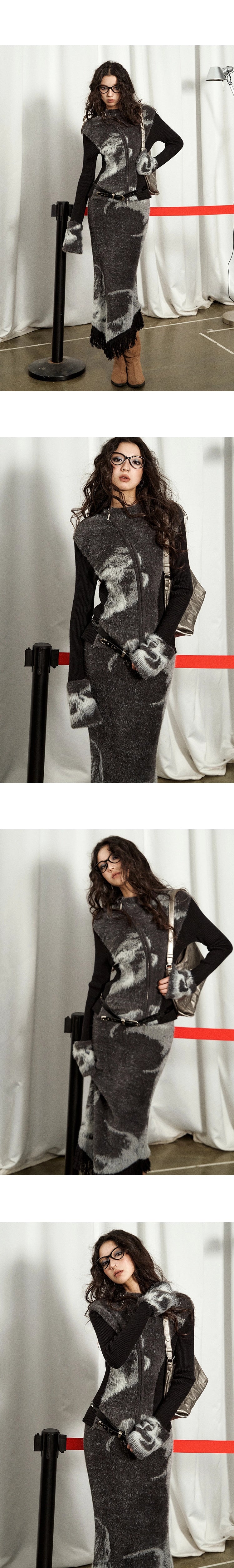 [スポット] OfAkiva「織りジャンル」フェイクミンクジャカードニットスーツレディースカーディガンスカート