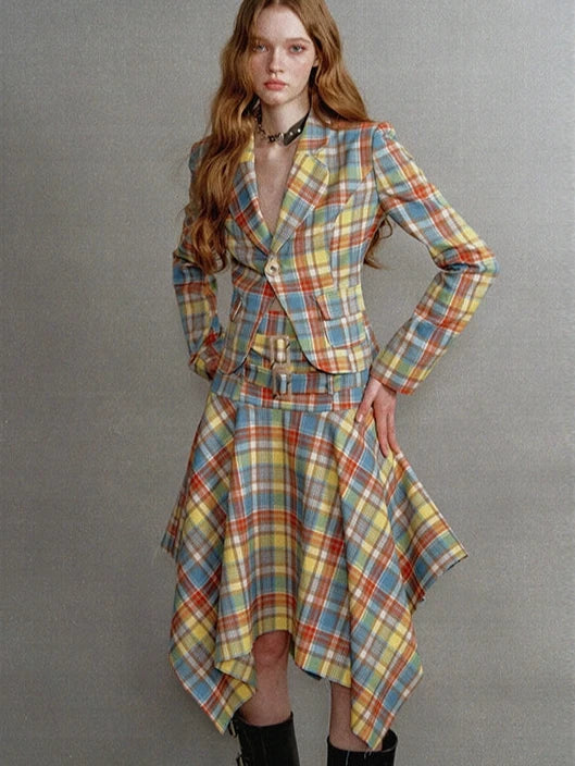 Vintage Yellow and Blue Check Waist Clinched Buckle Irregular Skirt