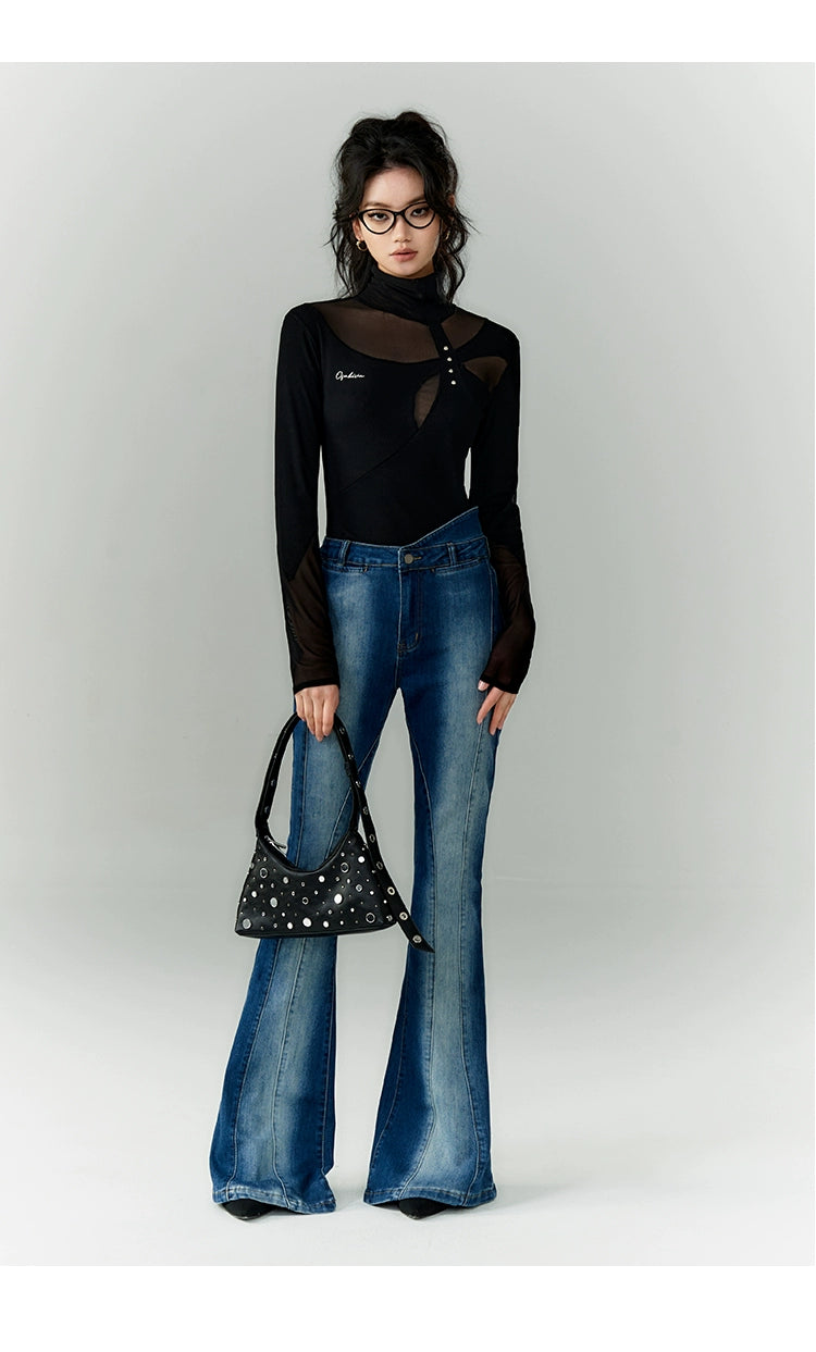 [スポット] のアキバベイビー非対称ウエストラインジーンズ女性秋ハイウエストスキニーフレアパンツ