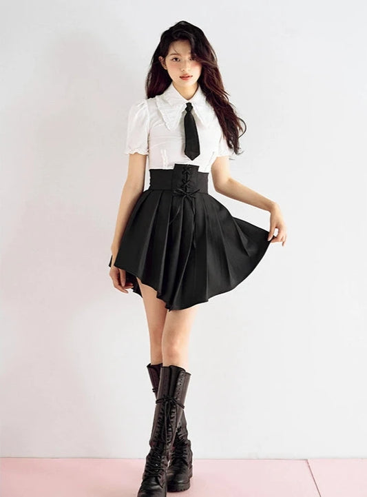 Tie Waist Bow V-Shape Hem Pleated Skirt