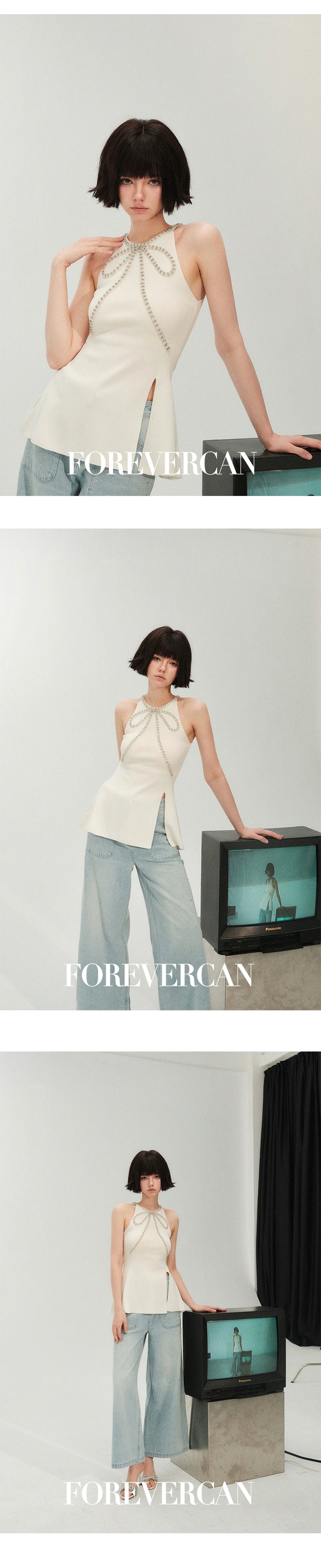 フォーエバーカン レディース サマー 2024 ニュー フローティング セナ プレミアム テンペラメント サスペンドロン ホルターネック スリット トップス