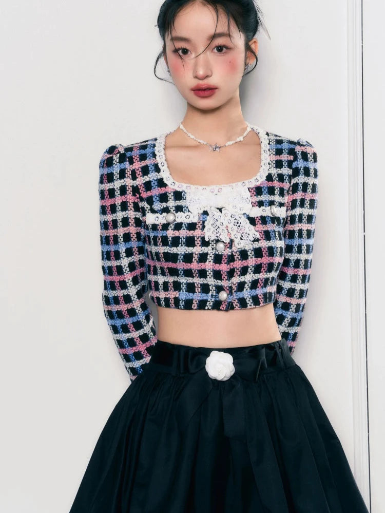 Small Fragrance Square Neck Bow Short Skirt