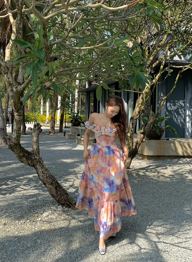 Xiaoli XIAOLIペン画春スクエアネック花柄ドレスロングドレスChardopamineは茶休憩フランスのプリンセスドレスを着ています