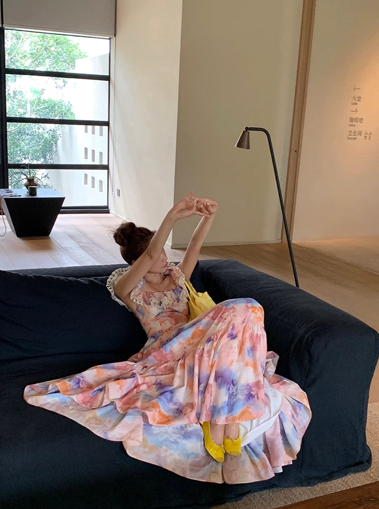 Xiaoli XIAOLIペン画春スクエアネック花柄ドレスロングドレスChardopamineは茶休憩フランスのプリンセスドレスを着ています