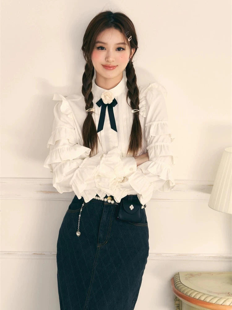 White Ruffle Long Sleeve Bow Knit
