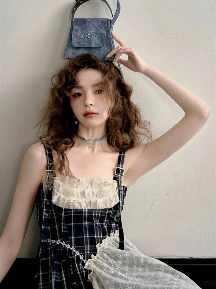 Vintage Check Stitch Slip Luxury Lace College Dress