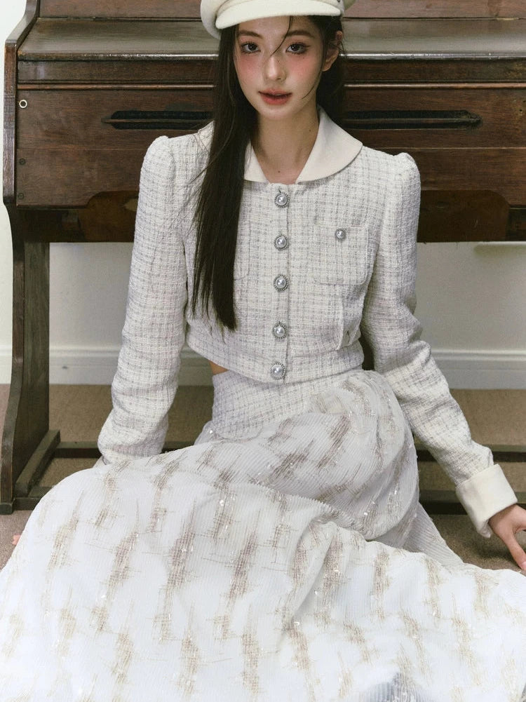 Silver Silk Sequined Small Fragrance Long Skirt