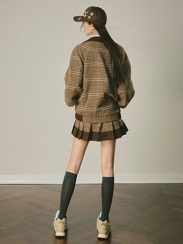 Vintage Check Panel Loose Pleated Short Skirt