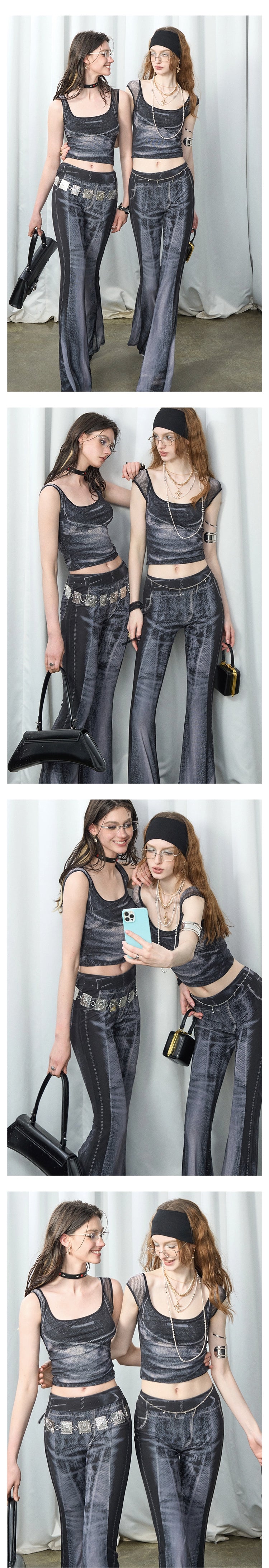 [スポット] OfAkiva「マルチマスタリー」デニムプリントアイスメッシュ通気性ストレッチファッションセット