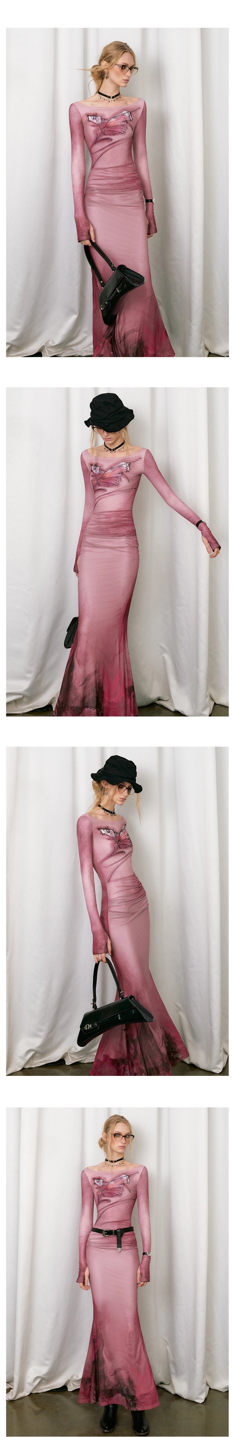 [スポット] OfAkiva「ドリームコアエステティック」バタフライプリントメッシュ長袖ボートネックフィッシュテールスカート女性