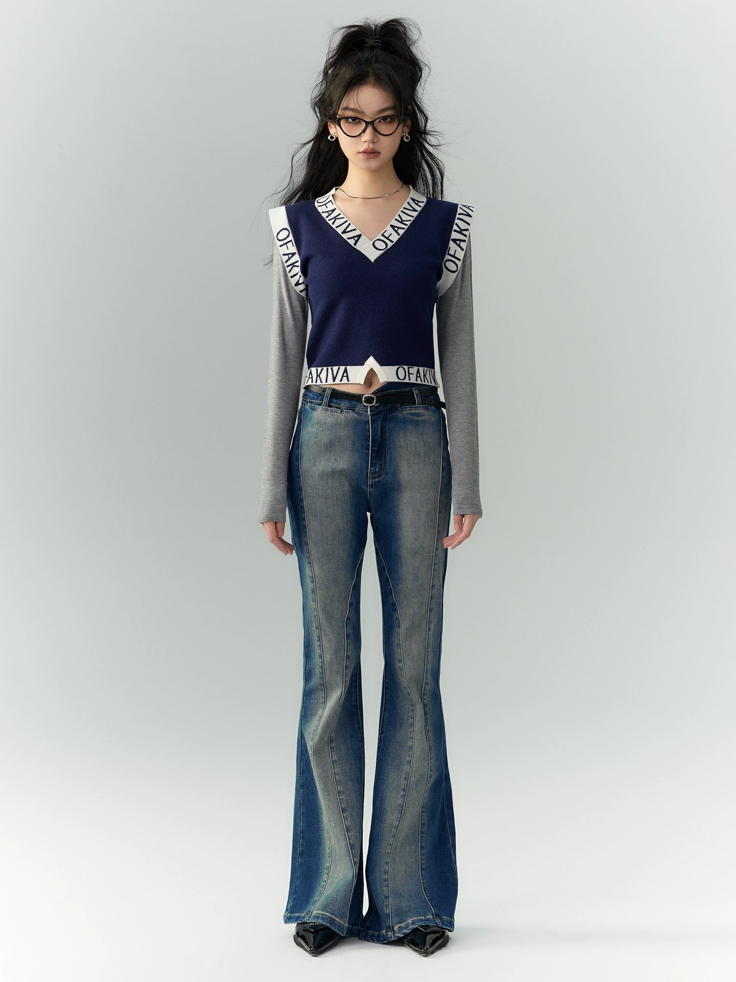 [スポット] のアキバベイビー非対称ウエストラインジーンズ女性秋ハイウエストスキニーフレアパンツ