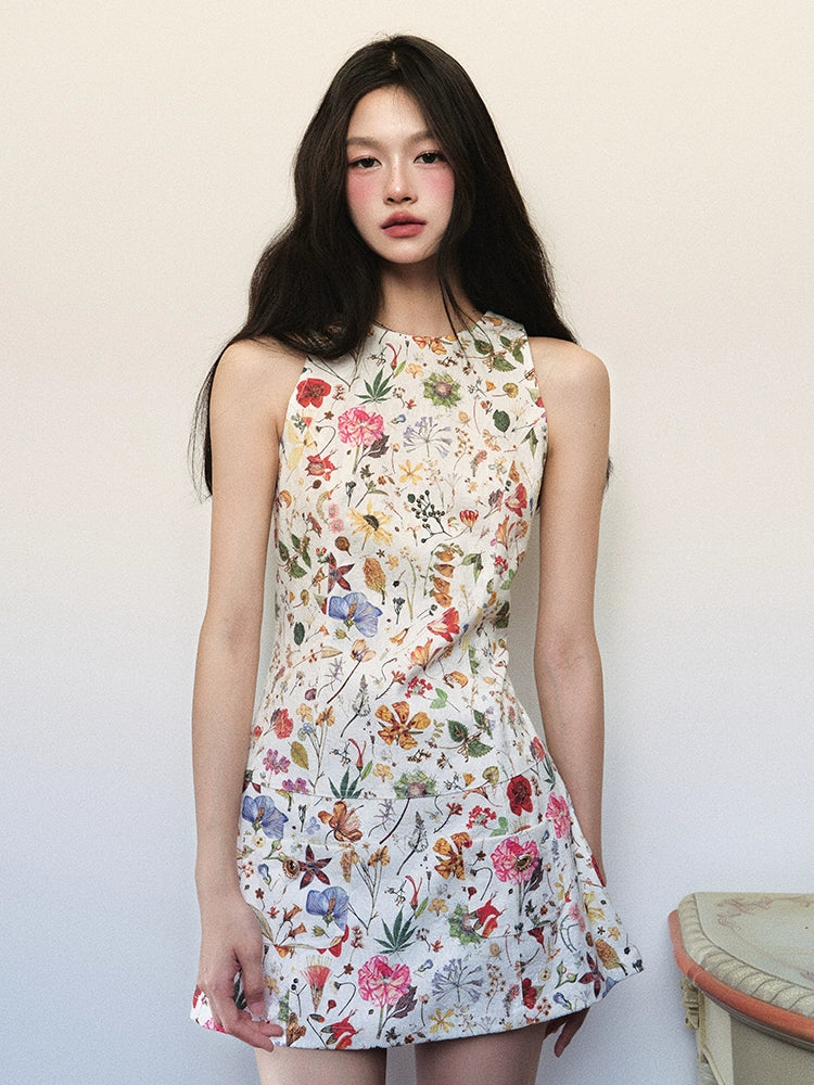 White Textured Floral Pattern Sleeveless Dress
