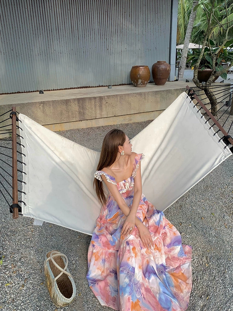 Xiaoli XIAOLIペン画春スクエアネック花柄ドレスロングドレスChardopamineは茶休憩フランスのプリンセスドレスを着ています