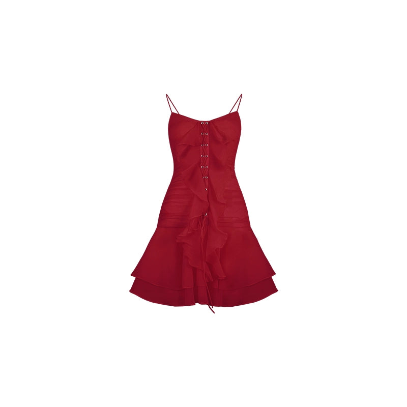 シャオリ赤と白のバラVネックスリップドレス夏のドーパミン小さな湯たんぱいウエスト締めAラインスカート