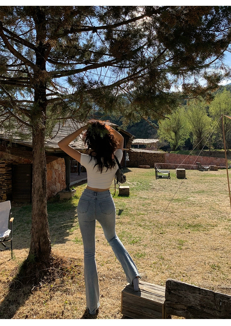 Xiaoli chopsticks essence 2.0 light color、ハイウエスト、ストレート、slightly フレアジーンズ、スプリングドレス、スリム、スキニーパンツ