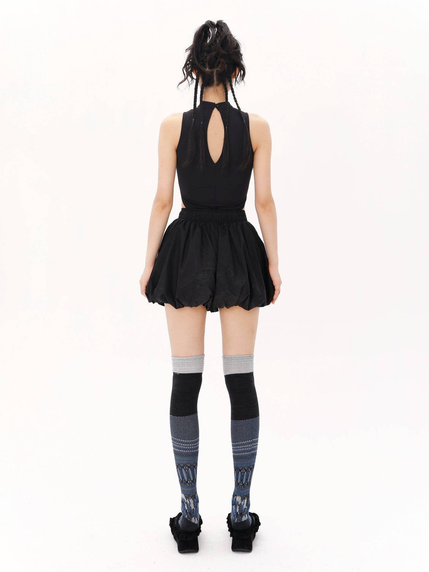 YOSHUYUKIオリジナルデザインサマーレトロハイウエストスタッドウエストバンドデザインブラックスリミングバドショーツ