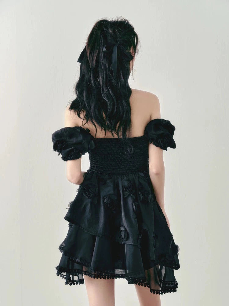 Three-Dimensional Rose Tie Puff Sleeve Dress