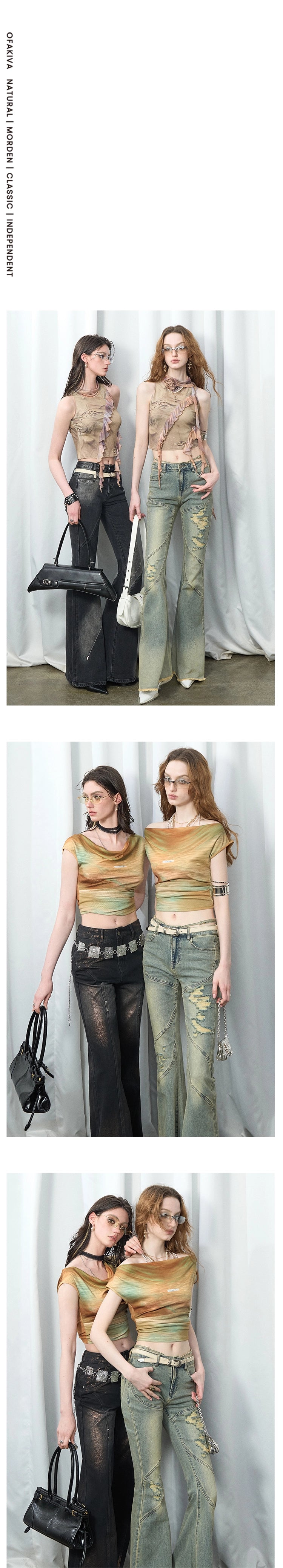 [スポット] OfAkiva「クロス」ウエストストラップ流線型スプリットサボタージュウォッシュジーンズ