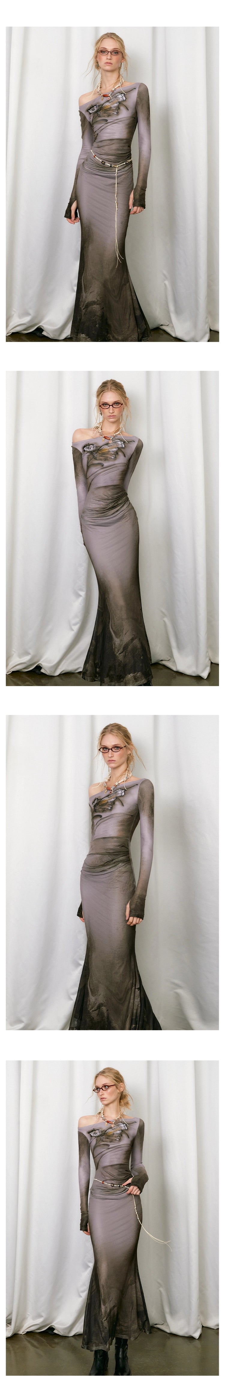 [スポット] OfAkiva「ドリームコアエステティック」バタフライプリントメッシュ長袖ボートネックフィッシュテールスカート女性