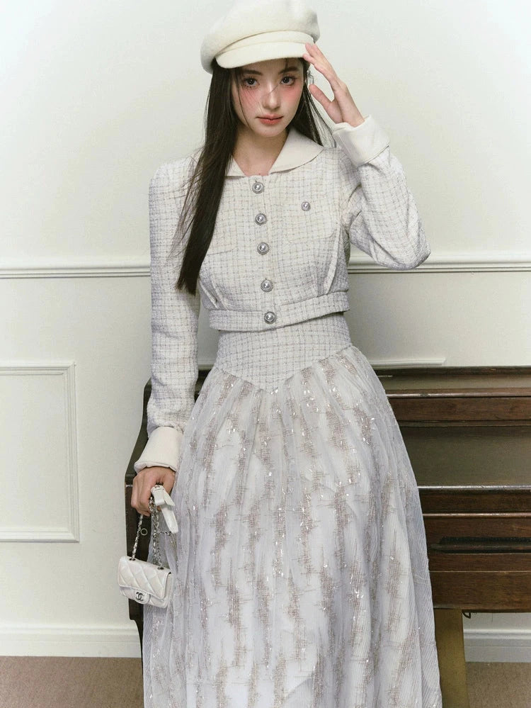 Silver Silk Sequined Small Fragrance Padded Jacket