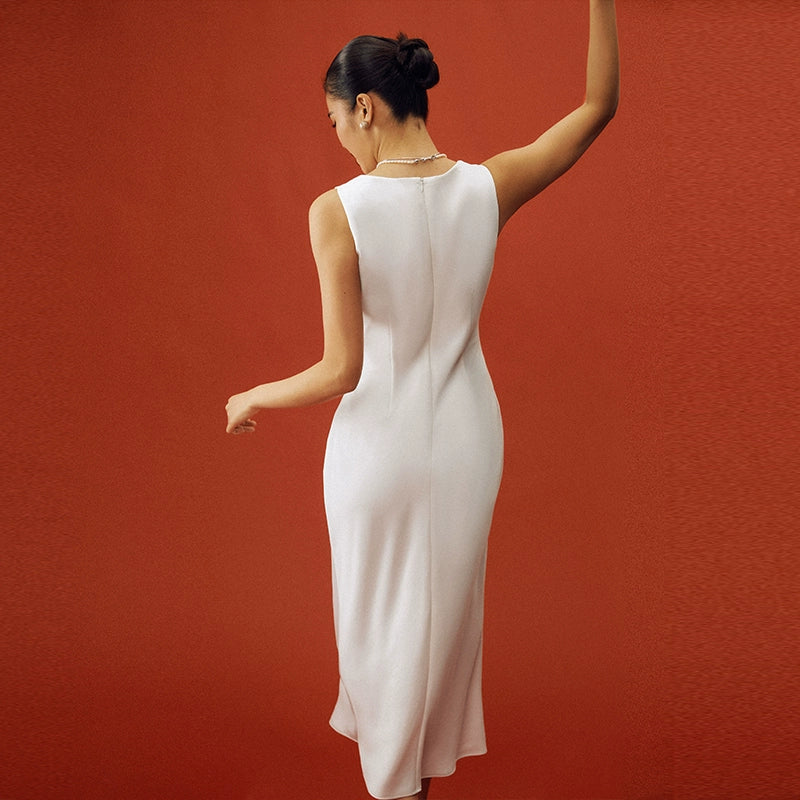 TR彼女のホットホワイトの恋人サテンノースリーブの恋人のネックライン締めウエストスリムな軽いウェディングドレス