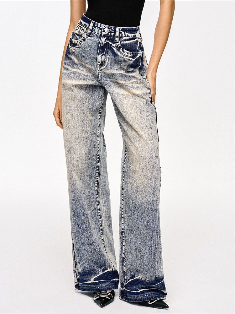 TR彼女のホットウェイストランドパンツブルーウォッシュブラッシュドホワイトヴィンテージディストレストルーズデニムハイライズストレートパンツ