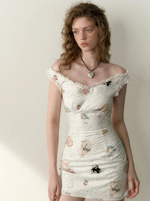 Spotted flower one-shoulder tight waist dress