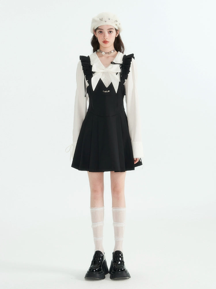 SunsetPark "Night Moon Iris" ブラック スリムウエストストラップ プリーツスカート