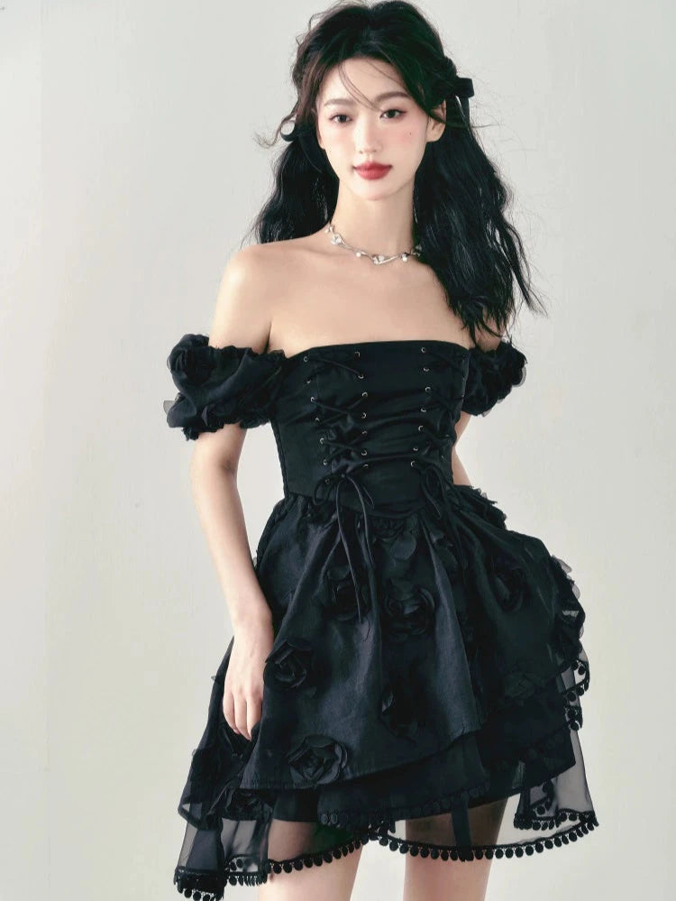Three-Dimensional Rose Tie Puff Sleeve Dress